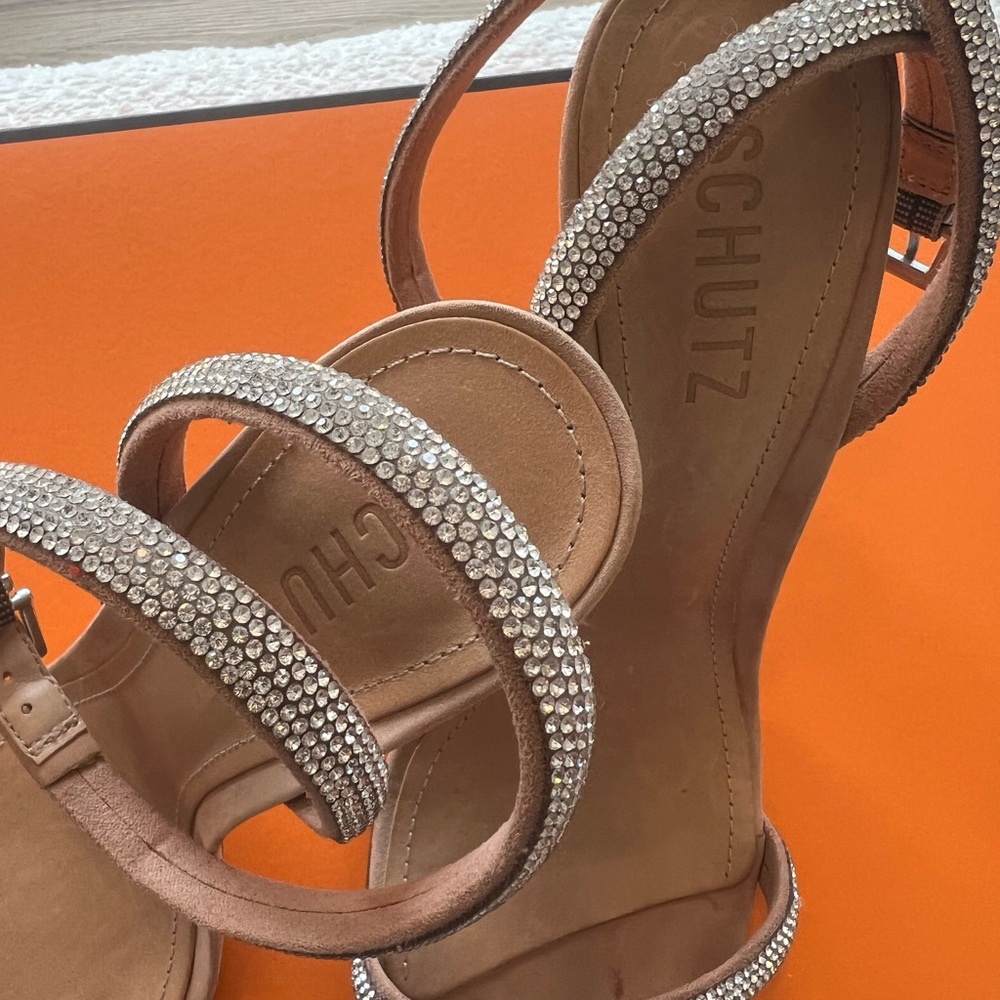 SCHUTZ Women's Rhinestone Strappy Heels - Tan